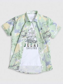 CAVIO - Boys Green Printed Casual Shirt And Regular Fit T-Shirt