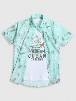 CAVIO - Boys Sea Green Printed Casual Shirt And Regular Fit T-Shirt