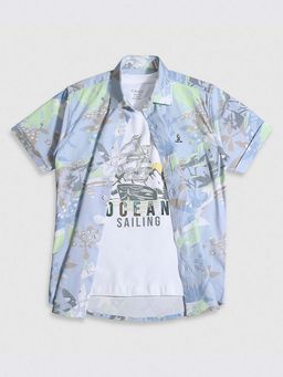 CAVIO - Boys Blue Printed Casual Shirt And Regular Fit T-Shirt