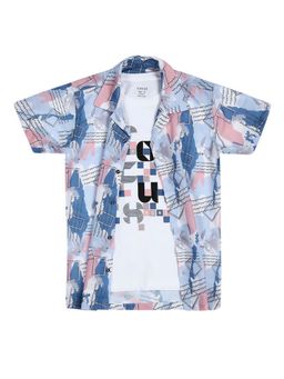 CAVIO - Boys Printed Navy Blue Shirt And Regular Fit T-Shirt