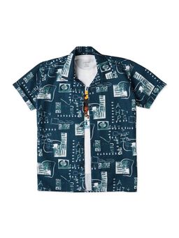 CAVIO - Boys Typographic Blue Casual Shirt And Regular Fit T-Shirt