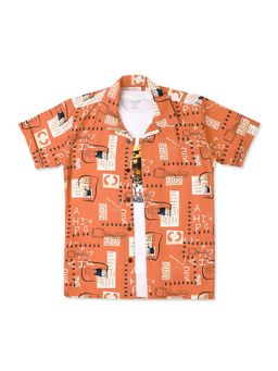 CAVIO - Boys Typographic Orange Casual Shirt And Regular Fit T-Shirt