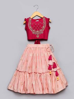 Poochkie - Pink Hand Embroidered Choli And Jacquard Lehenga Set