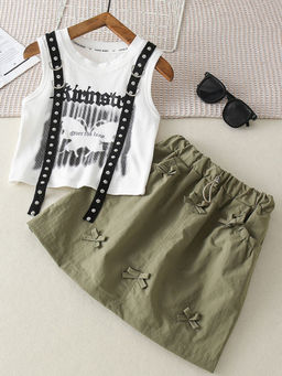 Hopscotch - Girls White and Olive Text Print T-Shirt and Skirt Set with Bow Applique