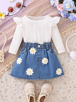 Hopscotch - Girls White and Blue Floral Print Blouse and Skirt Set