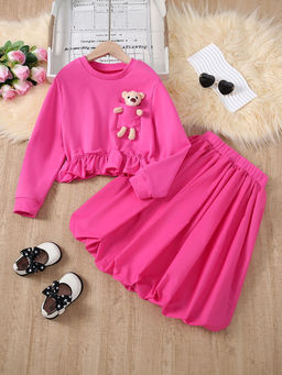 Hopscotch - Girls Pink Teddy Bear Applique Blouse and Skirt Set