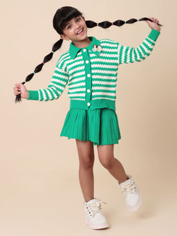 Hopscotch - Girls Green and White Stripes Cardigan and Skirt Set with Applique Detail
