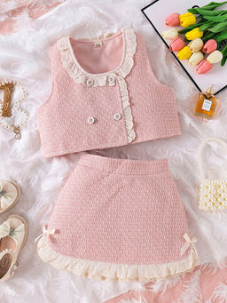 Hopscotch - Girls Pink Textured Ruffled Blouse and Skirt Set