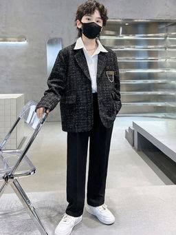 Hopscotch - Boys Black Textured Notched Lapel Collar Full-Sleeve Blazer
