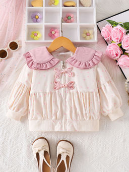 Hopscotch - Girls Beige and Pink Heart Print Full-Sleeve Jacket