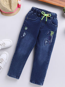 Hopscotch - Girls Navy Embroidered Faded Denim Jeans