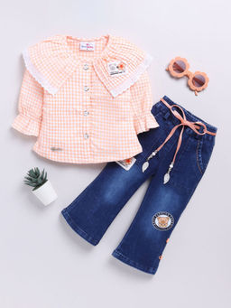 Hopscotch - Girls Orange and Blue Gingham Print Cotton Blouse and Jeans Set with Belt
