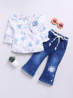 Hopscotch - Girls White and Blue Floral Print Cotton Blouse and Jeans Set with Belt