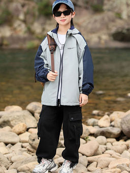 Hopscotch - Boys Navy and Grey Colour-Blocked Full-Sleeve Hooded Jacket