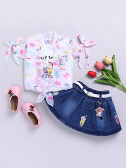 Hopscotch - Girls White and Blue Graphic Print Blouse, T-Shirt and Skirt Set