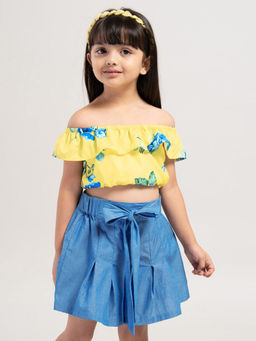Hopscotch - Girls Yellow and Blue Floral Print Blouse and Skirt Set