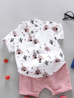 Hopscotch - Boys White All-Over Print Shirt and Shorts Set