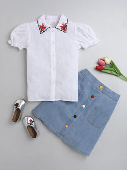 Hopscotch - Girls White Floral Embroidered Shirt and Skirt Set