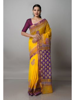 Unnati Silks - Yellow Pure Block Printed Kota Cotton Saree with Unstitched Blouse