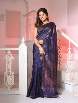 CHARUKRITI - Navy Blue Silk Matka Handwoven Saree with Texture Designs with Unstitched Blouse