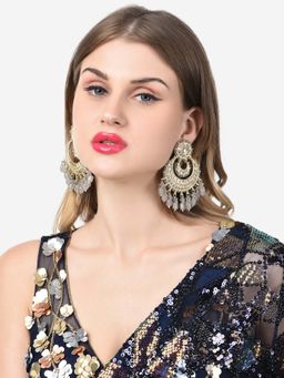 Zaveri Pearls - Grey Beads Crescent Shape Kundan Chandbali Earrings-ZPFK14623