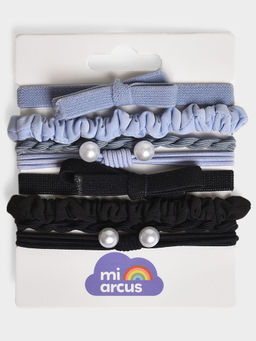 Mi Arcus - Elegant Bow & Pearl Rubber Bands - Black and Blue (Pack of 8)