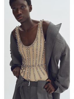 H&M - Women Beige Crystal-Embellished Mesh Body