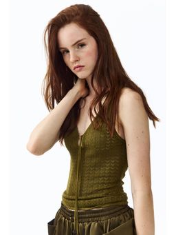 H&M - Women Green Pointelle-Knit Tie-Detail Top