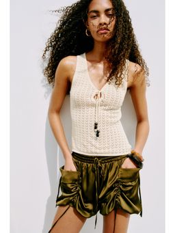 H&M - Women Beige Pointelle-Knit Tie-Detail Top