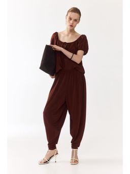 H&M - Women Brown Puff-Sleeved Linen-Blend Blouse