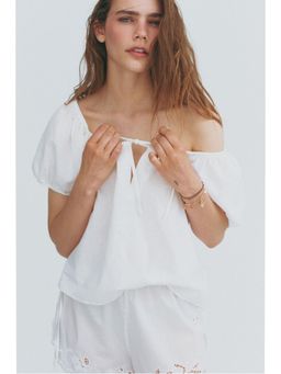 H&M - Women White Puff-Sleeved Linen-Blend Blouse