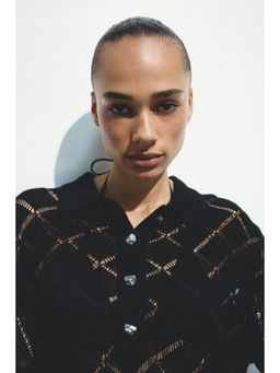 H&M - Women Black Crochet-Look Polo T-Shirt