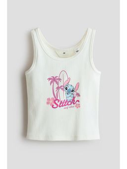 H&M - Girls White Ribbed Print-Motif Vest Top