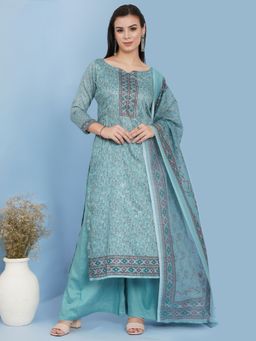 Stylee LIFESTYLE - Turquoise Cotton Blend Digital Printed Dress Material (Set of 3)