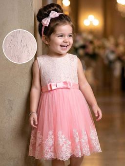 Mark & Mia - Girls Peach Ethnic Motifs Embroidered Fit & Flare Dress with Hairband