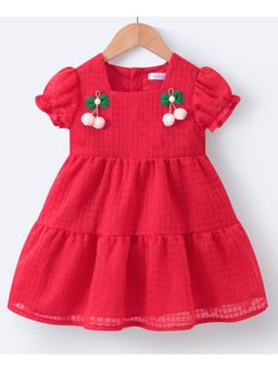Mark & Mia - Girls Red Self Design Puff Sleeve Fit & Flare Dress