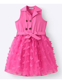 Mark & Mia - Girls Pink Lapel Collar Butterfly Applique Floral Fit & Flare Dress