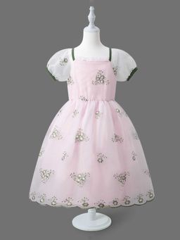 Mark & Mia - Girls Pink Floral Embroidered Puff Sleeves Fit & Flare Maxi Dress