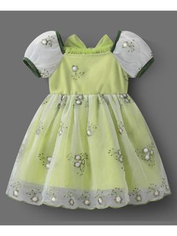 Mark & Mia - Girls Green Floral Embroidered Square Neck Bow Fit & Flare Dress