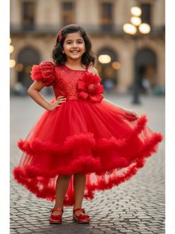 Lagorii - Girls Red One-Shoulder Sequin Party Dress with Hair Clip
