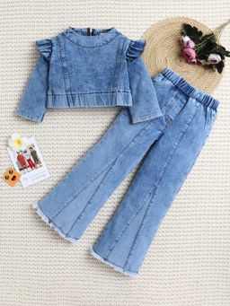 Bright Star Kids Wear - Girls Blue Denim Ruffle Top with Jeans