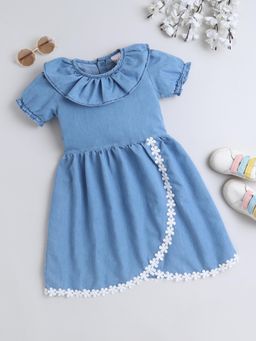 Bright Star Kids Wear - Girls Half Sleeves Blue Chambray Denim Dress