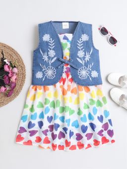 Bright Star Kids Wear - Girls White Heart Printed Strap Dress with Denim Jacket