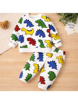 Googo Gaaga - Boys Cotton Fleece White Printed Sweatshirt & Joggers