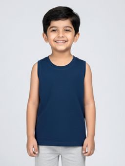 KiddoPanti - Boys Navy Blue Cotton Knit Solid Sleeveless T-shirt