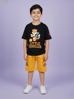 KiddoPanti - Boys Black Cotton Printed Drop Shoulder T-Shirt & Cargo Shorts