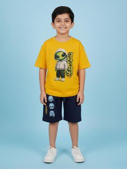 KiddoPanti - Boys Yellow Cotton Printed Drop Shoulder T-Shirt & Cargo Shorts