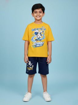 KiddoPanti - Boys Yellow Cotton Round Neck T-Shirt & Shorts