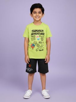 KiddoPanti - Boys Green Cotton Round Neck T-Shirt & Shorts