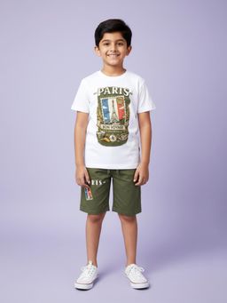 KiddoPanti - Boys White Cotton Round Neck T-Shirt & Shorts